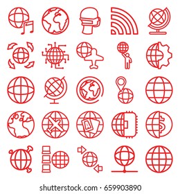 Globe icons set. set of 25 globe outline icons such as plane, medical mask, wi-fi, international music, clobe gear, cpu planet, planet