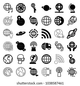 Globe icons. set of 36 editable filled and outline globe icons such as plane, international delivery, planet, wi-fi, medical mask, cpu planet, signal