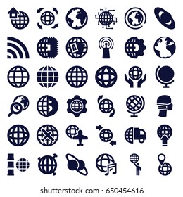 Globe icons set. set of 36 globe filled icons such as plane, medical mask, signal, wi-fi, international music, global home, planet, planet and satellite, clobe gear