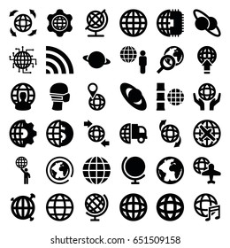 Globe icons set. set of 36 globe filled icons such as plane, medical mask, wi-fi, international music, planet, planet and satellite, clobe gear, cpu planet