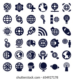 Globe icons set. set of 36 globe filled icons such as plane, medical mask, signal, wi-fi, global home, planet, clobe gear, cpu planet, international delivery