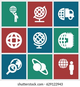 Globe icons set. set of 9 globe filled icons such as planet and satellite, CPU planet