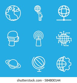 globe icons set. Set of 9 globe outline icons such as medical mask, signal, planet, clobe gear