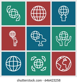 Globe icons set. set of 9 globe outline icons such as