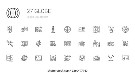 globe icons set. Collection of globe with gps, worldwide, school, map, network, website, global, satellite, card, earth, postcard, plant, planet. Editable and scalable globe icons.