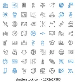globe icons set. Collection of globe with lander, map, earth, observatory, earth grid, plant, gps, contact, planet, galaxy, astronaut, solar system. Editable and scalable globe icons.