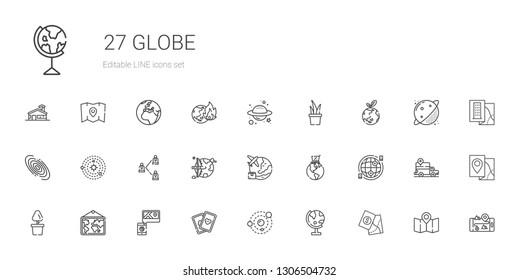 globe icons set. Collection of globe with map, solar system, cards, plant, internet, global online, worldwide, network, galaxy, planet earth. Editable and scalable globe icons.