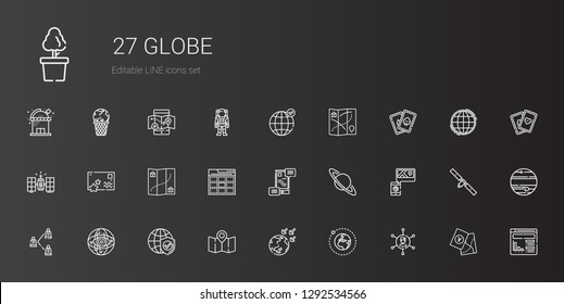 globe icons set. Collection of globe with networking, earth, global warming, map, internet, network, saturn, communications, web, postcard. Editable and scalable globe icons.