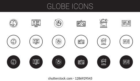 globe icons set. Collection of globe with ozone layer, website, earth, map, observatory, postcard. Editable and scalable globe icons.