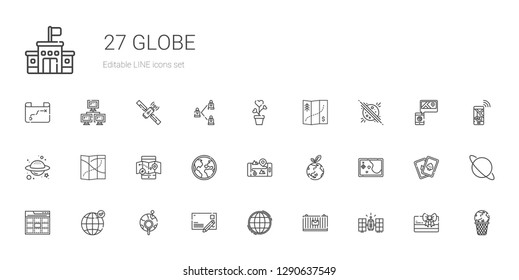 globe icons set. Collection of globe with satellite, cargo, worldwide, postcard, global, earth grid, web, map, planet earth, gps, mobile map. Editable and scalable globe icons.