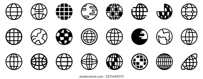 Globe icons. Set of different planet icons. Simple web signs. Black globe icons