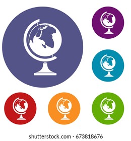 Globe icons set in flat circle reb, blue and green color for web