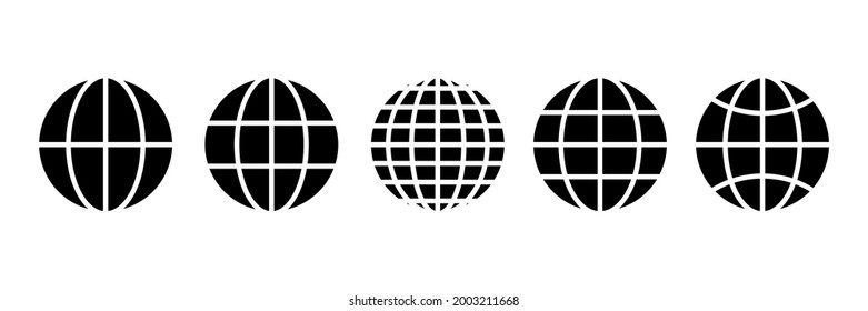 Globe icons set. Internet global pictograms black silhouettes. Homepage sign. World wide web outline symbols collection. Vector illustration isolated on white