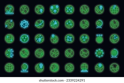 Globe-Symbole setzen Rahmenvektor. Erdplan. Neonfarben im Weltnetzwerk auf Schwarz