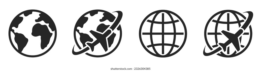 Conjunto de iconos de globo. El avión vuela alrededor de la tierra. Iconos de viaje con aviones vuelan por la tierra. Icono mundial de la Tierra - vector de stock.