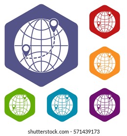 Globe icons set rhombus in different colors isolated on white background
