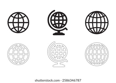 globe icons set simple clean and smooth Solid and Outline Styles vector icons in black on a white background.
