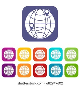 Globe icons set vector illustration in flat style in colors red, blue, green, and other