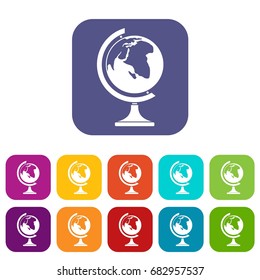 Globe icons set vector illustration in flat style in colors red, blue, green, and other