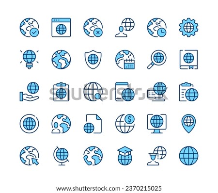Globe icons set. Vector line icons. Blue color outline stroke symbols. Modern concepts