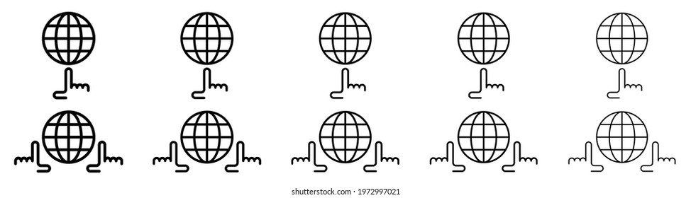 Globe icons set. Web globe flat linear icon. Silhouette of the globe with meridians and hand. Vector elements.
