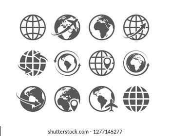 Globe icons set. World earth globe map internet global commerce tourism vector symbols set