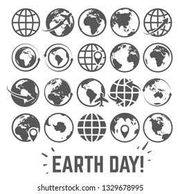 Conjunto de iconos de globo. Tarjeta mundial del día de la Tierra con mapa del mundo Internet comercio global turismo turismo símbolos grises vectores