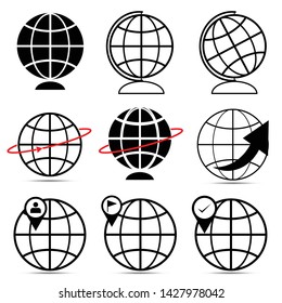 Globe icons set world earth day card with globe map internet global commerce tourism gray vector symbols