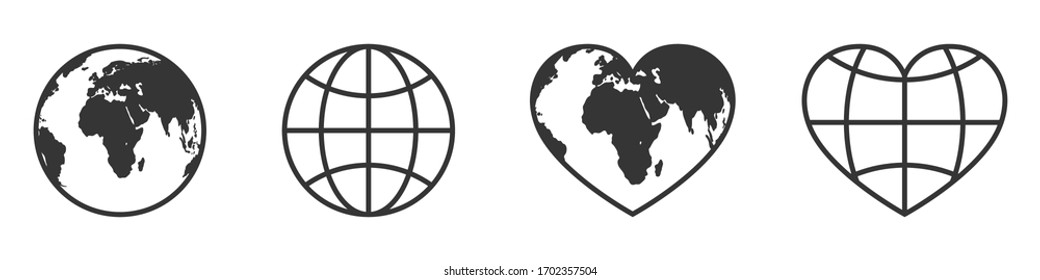 Globe icons set. World map symbol isolated. Vector illustration. Globe icon in shape of heart