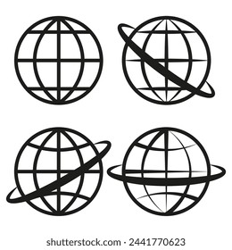 Globe icons set. World map symbols. Global network signs. Orbit line variations. Vector illustration. EPS 10.