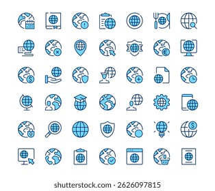Globe icons. Vector line icon set. Modern outline design. Blue concept