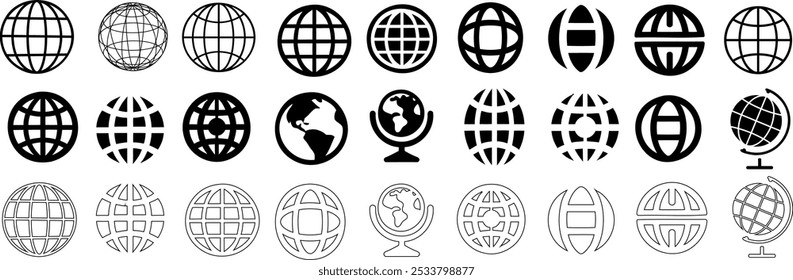 Globe icons vector set, grid patterns, flat earth symbols, Internet, world, or global reach line art, round globes, different perspective for web design, logos, apps, infographics, and global themes