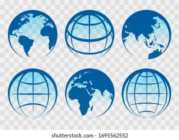 Globe icons. Water earth space vector icons, blue colourful world map eco and geography symbols