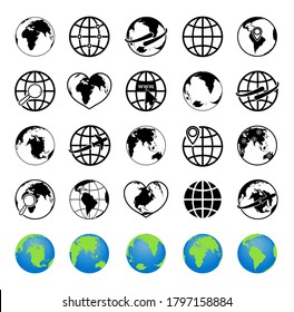 Globe icons. World on sphere. Global earth map. Planets with symbols of internet, arrow and travel on plane. Simple graphic with continents of europe, america, africa, asia and australia. Vector.