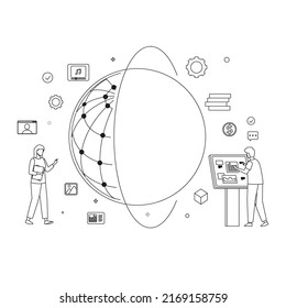 Ilustración de globo con 2 técnicos. Sitio web, icono de la página de inicio sobre fondo blanco. tecnología futurista, ilustraciones de arte de línea