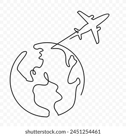 Globe and illustration of airplane, one continuous drawing vector