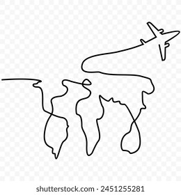 Globe and illustration of airplane, one continuous drawing vector