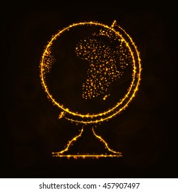 globe illustration icon gold color lights silhouette on dark background glowing lines and points