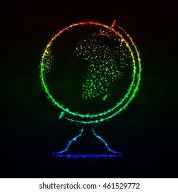 Globe Illustration Icon, Gradient Color Lights Silhouette on Dark Background. Glowing Lines and Points
