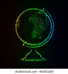 Globe Illustration Icon, Gradient Color Lights Silhouette on Dark Background. Glowing Lines and Points