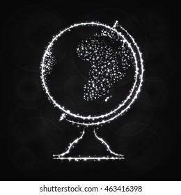 Globe Illustration Icon, Gray Color Lights Silhouette on Dark Background. Glowing Lines and Points
