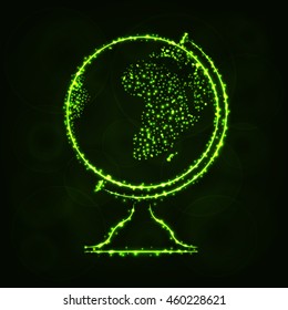 Globe Illustration Icon, Lime Color Lights Silhouette on Dark Background. Glowing Lines and Points