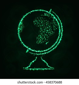 Globe Illustration Icon, Spring Green Color Lights Silhouette on Dark Background. Glowing Lines and Points