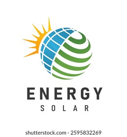 Globe Illustration Logo with Sun Element Solar Panel Pattern suitable for renewable energy company, solar panel business
