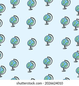 globe illustration on blue background. blue and green color. hand drawn vector. seamless pattern. geography icon. sphere, worldwide. doodle art for wallpaper, wrapping paper and gift, backdrop, cover.