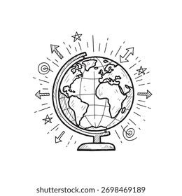Ilustração do globo para estudantes simbolizando aprendizagem, exploração e conhecimento, desenho vetorial mínimo desenhado à mão para temas de educação e geografia