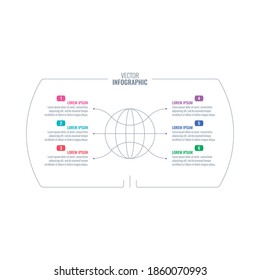 Infografik-Vorlage für den Globus. sechs Optionen Web, Internet, Vorlage für die jährlichen Berichtsinformationen