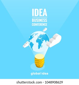 the globe inside a bulb hanging in the sky, an isometric image