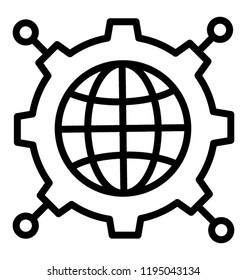 Globe inside cogwheel is conceptualising global solutions 