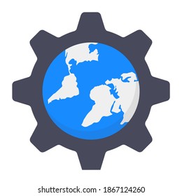 
Globe inside gear, global network management icon in flat vector 
